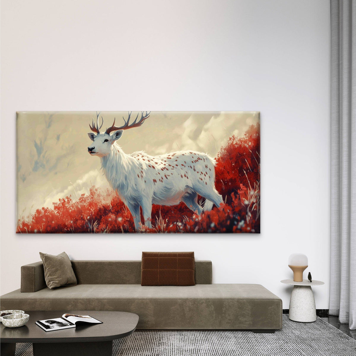 A White Fallow Deer Wall Art Canvas Office Home Room Framed 80x45cm