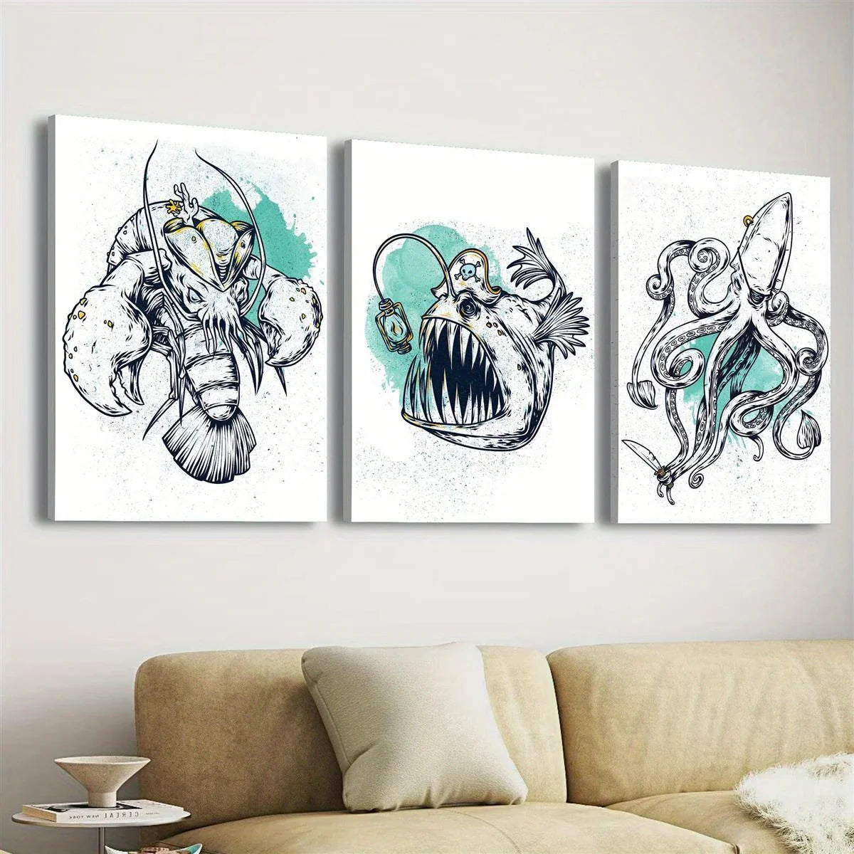 3pcs Abstract Pirate Lobster & Octopus Design Metal Print Ready to Hang Art