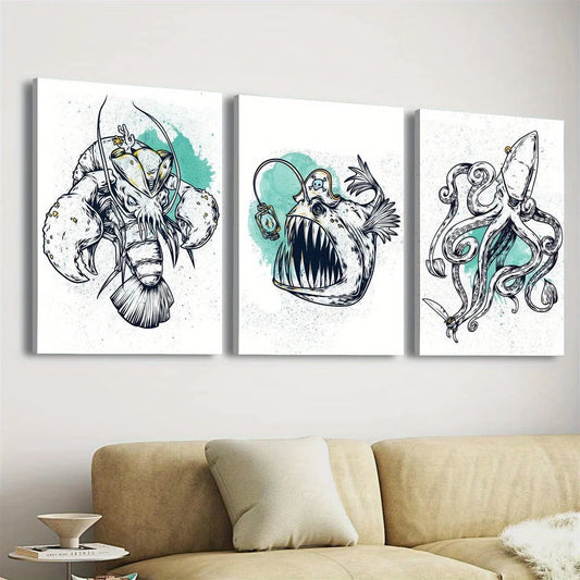 3pcs Abstract Pirate Lobster & Octopus Design Metal Print Ready to Hang Art