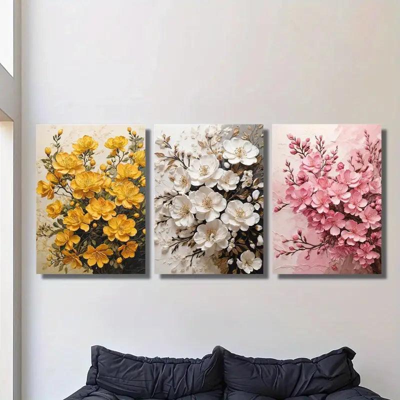 3pcs Yellow, White, Pink Blooming Branches Metal Print Ready to Hang Art