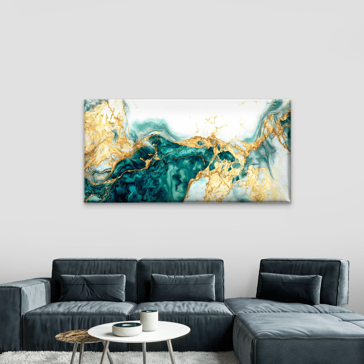 Emerald Ink Gold Swirl Print Wall Art Canvas Office Home Room Framed 120x60cm