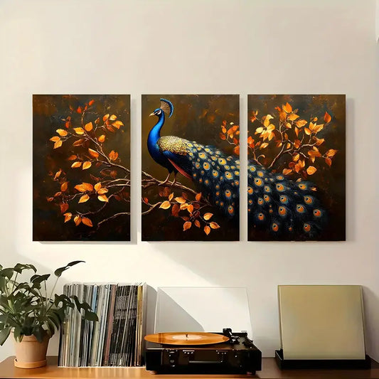 3pcs Peacock and Autumn Leaves Elegant Design Metal Print Ready to Hang Art