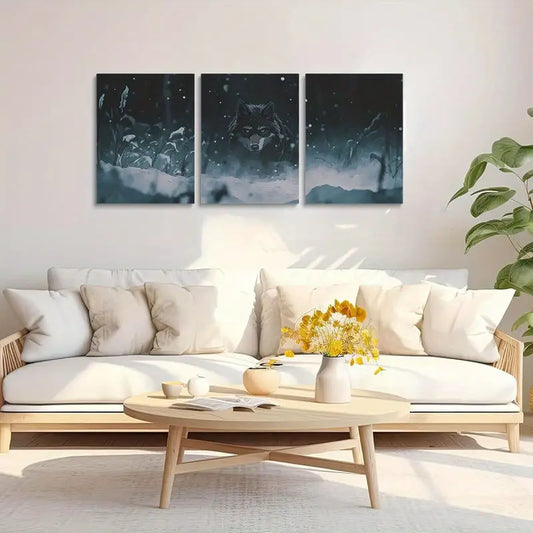 3pcs Wolf in the Snow Darkness Painting Metal Print Ready to Hang Art