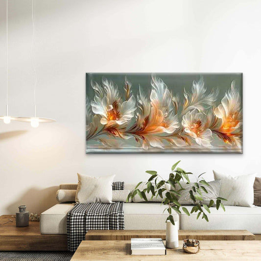 White and Orange Floral Design Wall Art Canvas Office Home Room Framed 80x45cm