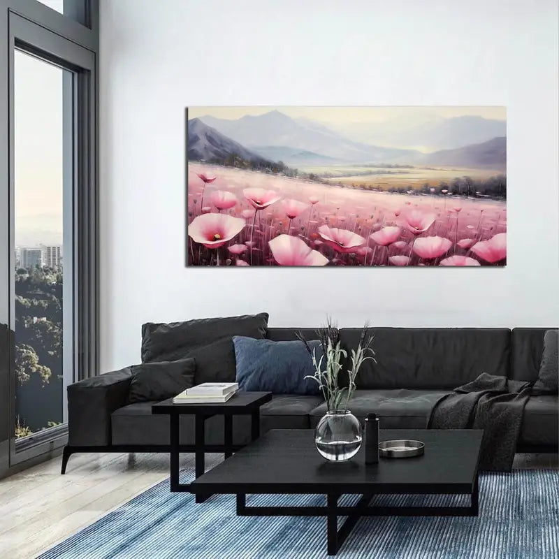Pink Floral Mountain Sunrise Sky Wall Art canvas office home room framed 80x45cm