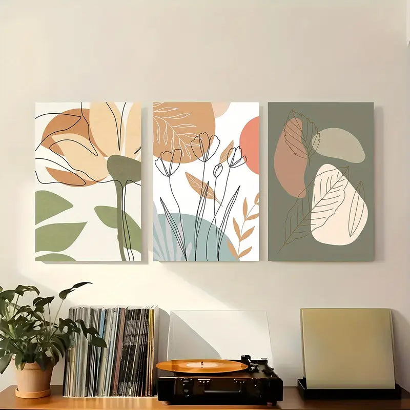 3pcs Abstract Botanical Minimalist Line Art with Earthy Tones Metal Print Ready to Hang Art