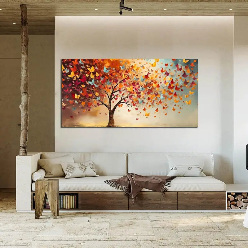 Vibrant Abstract Tree with Colorful Butterflies Wall Art canvas office home room framed 120x60cm