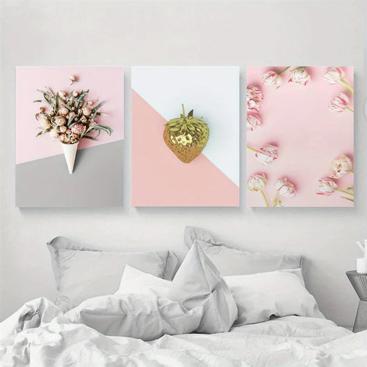 3pcs Modern Sweet Pink Flowers Golden Strawberry Metal Print Ready to Hang Art