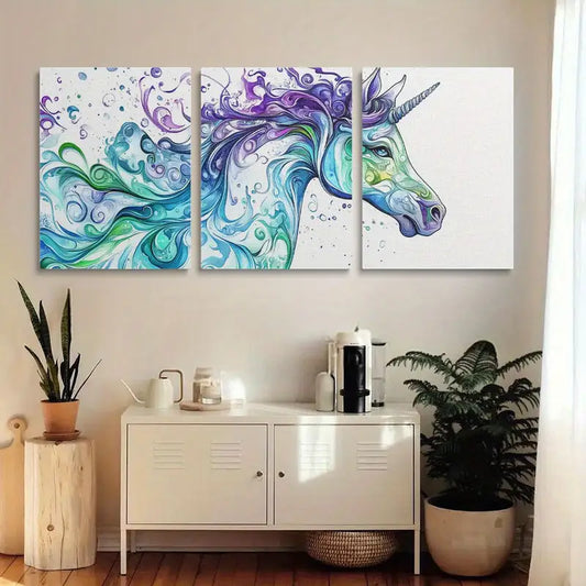 3pcs Vibrant Watercolor Unicorn Blue Line Design Metal Print Ready to Hang Art