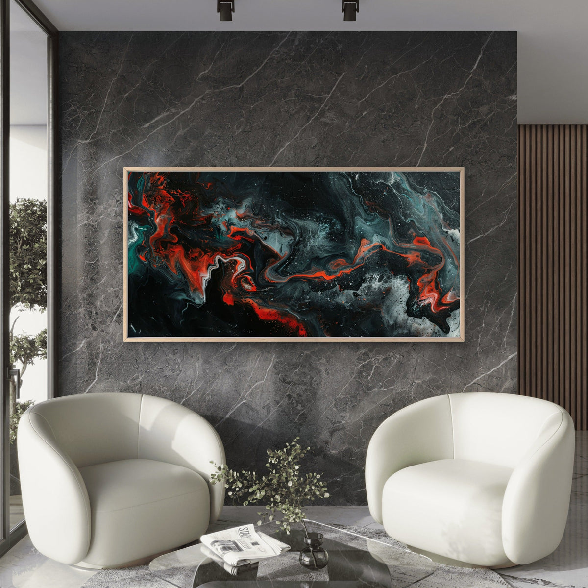 Abstract Liquid Red Black Wall Art Canvas Office Home Room Framed 80x45cm