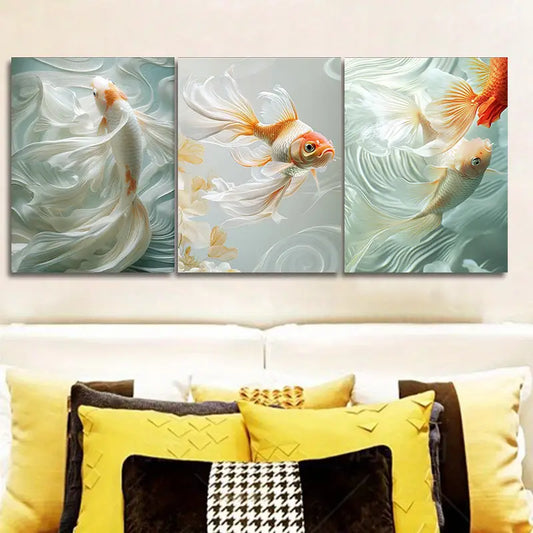3pcs Golden Fish in The Water Metal Print Ready to Hang Art