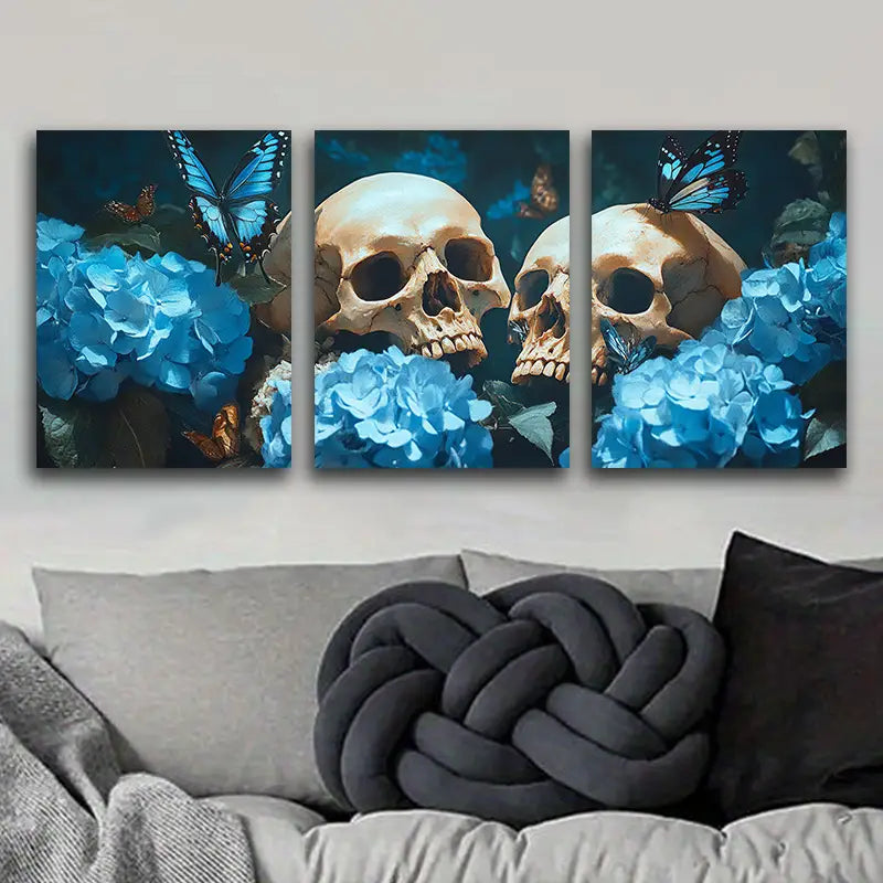 3pcs Skulls and Blue Flowers with Butterflies Metal Print Ready to Hang Art