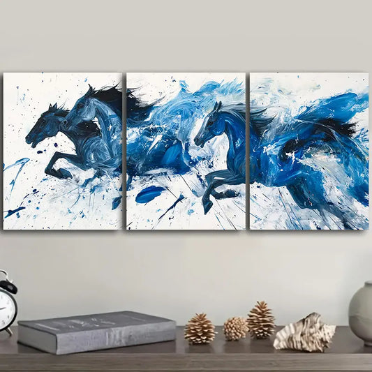 3pcs Blue Horses Running Abstract Metal Print Ready to Hang Art