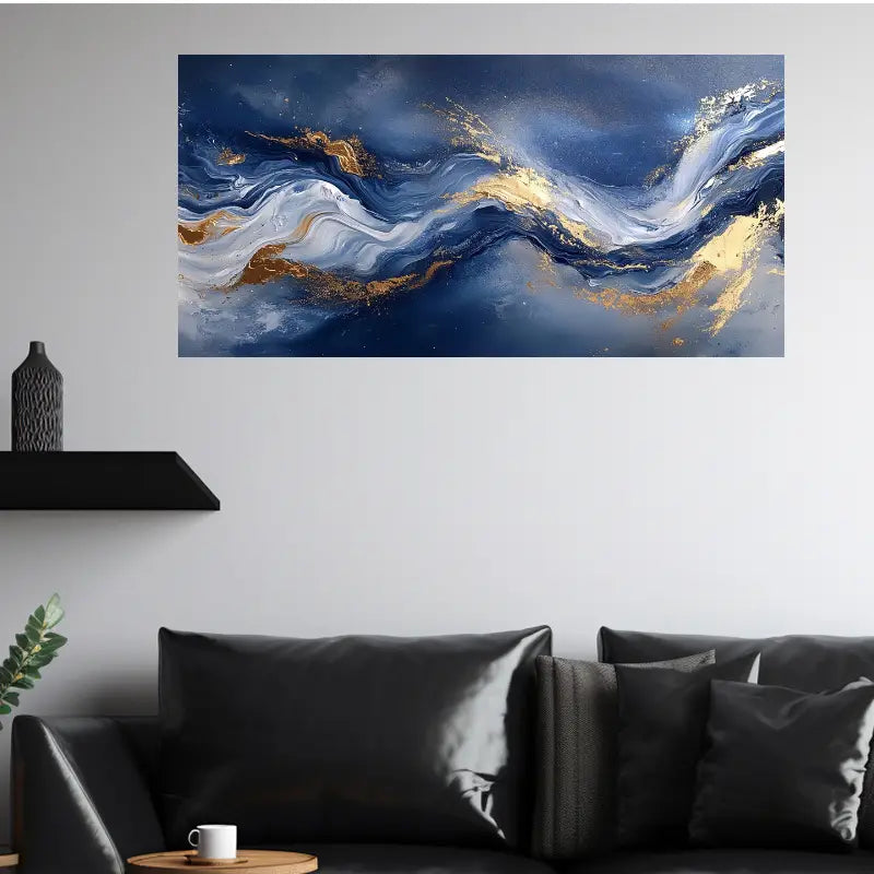 Abstract Blue and Golden Swirl Wall Art wall canvas office home room framed 80x45cm