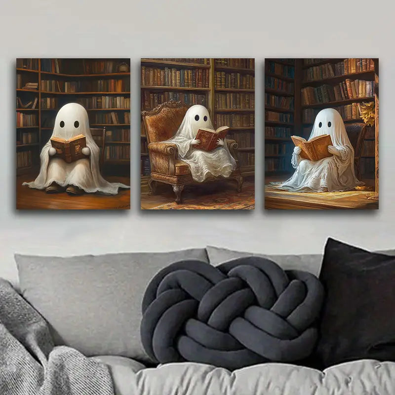 3pcs Ghost in Library Metal Print Ready to Hang Art