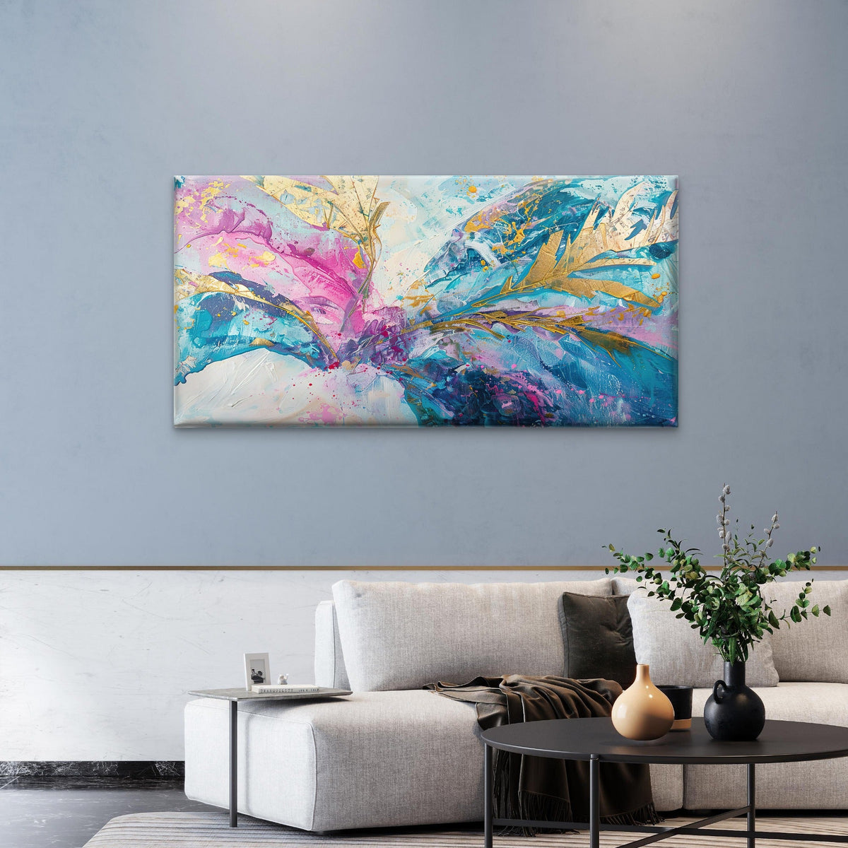 Blue Pink Gold Abstract Paint Wall Art Canvas Office Home Room Framed 120x60cm