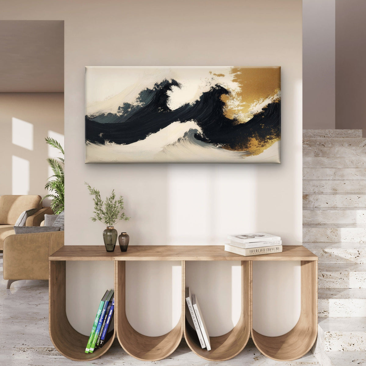 Abstract Great Wave Black Gold Wall Art Canvas Office Home Room Framed 120x60cm