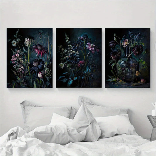 3pcs Dark Florals Painting Classic Design Metal Print Ready to Hang Art