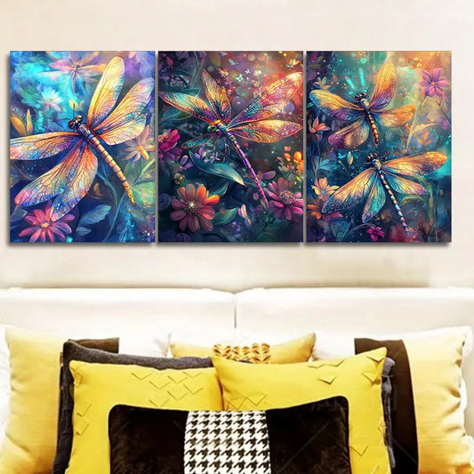 3pcs Colorful dragonfly with large wings Metal Print Ready to Hang Art