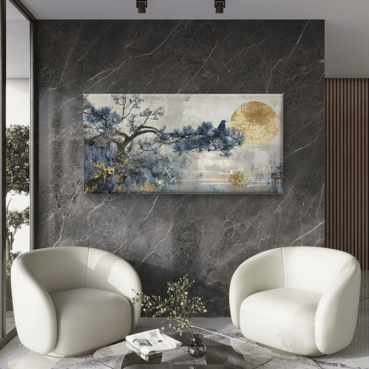 Bird Pine Moon Branch Wall Art Canvas Office Home Room Framed 80x45cm