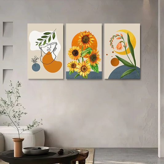 3pcs Beautiful Painted Sunflower Flower Abstract Metal Print Ready to Hang Art