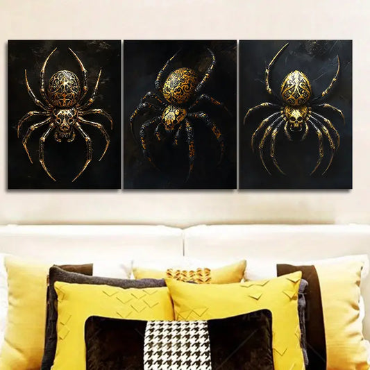 3pcs Golden and Black Spider Design Metal Print Ready to Hang Art