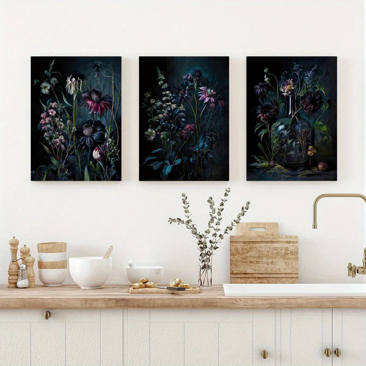 3pcs Dark Florals Painting Classic Design Metal Print Ready to Hang Art