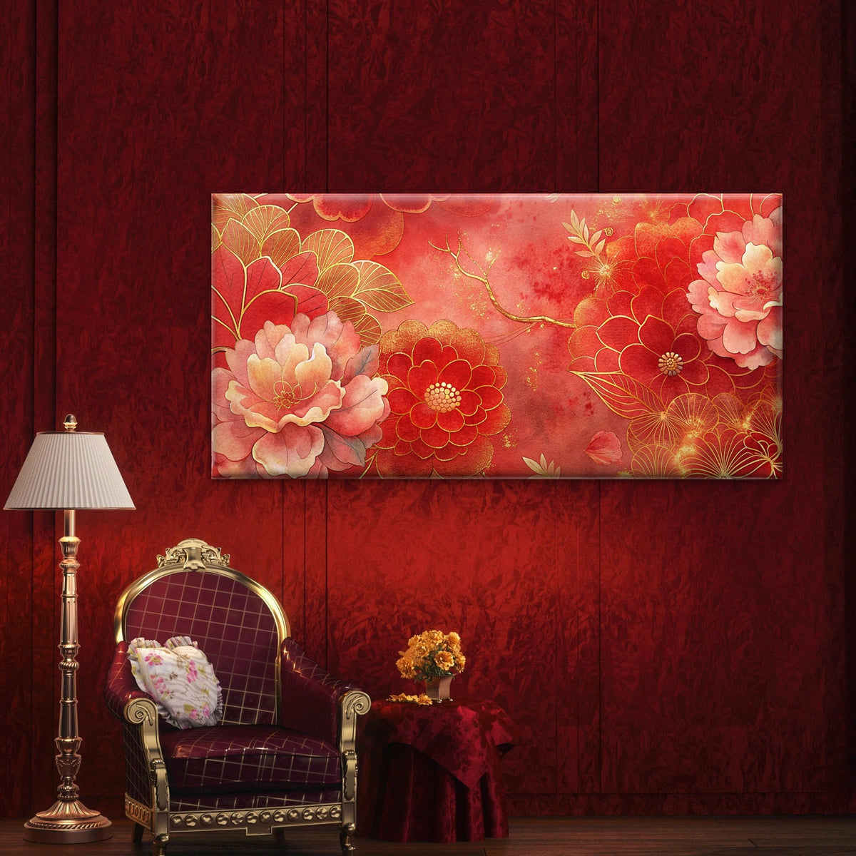 Red Golden Floral Design Wall Art Canvas Office Home Room Framed 80x45cm
