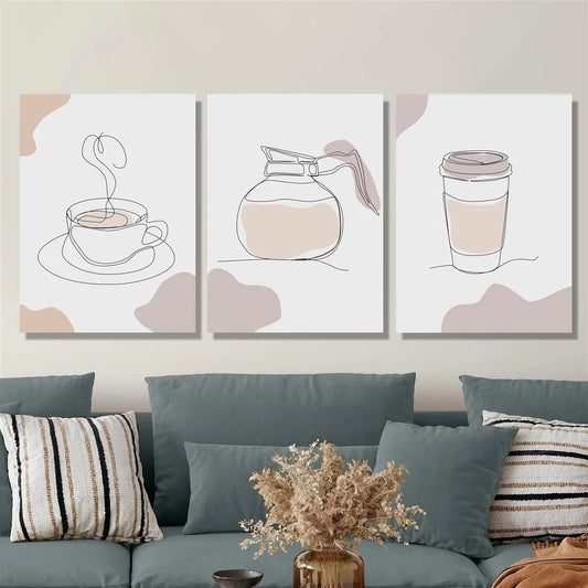 3pcs Geometric Line Art of Coffee Cup & Pot Metal Print Ready to Hang Art
