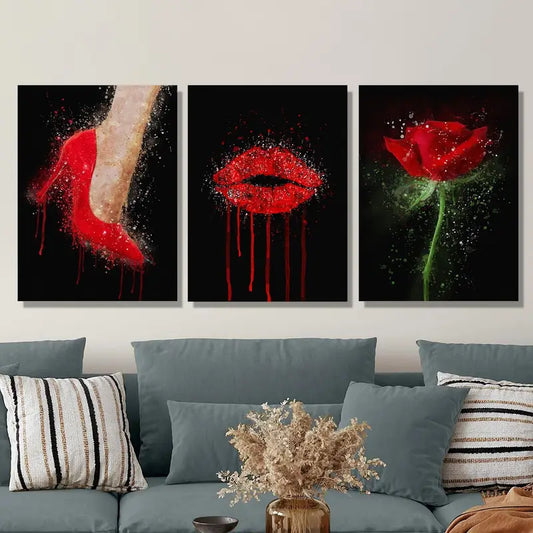 3pcs Abstract Fashion Red High Heels, Lips, Red Rose Metal Print Ready to Hang Art