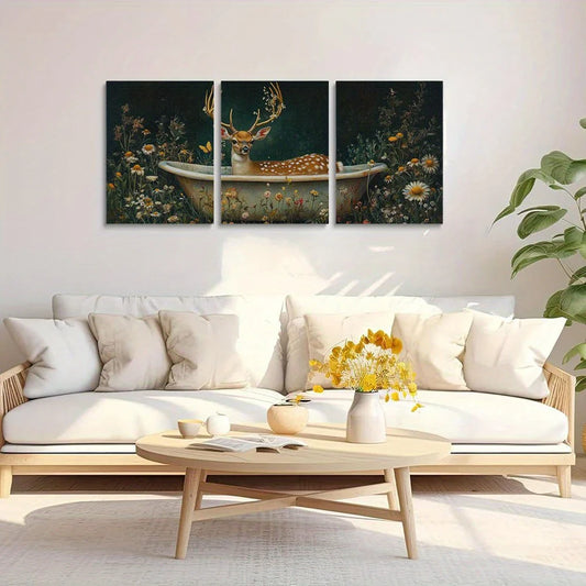 3pcs Deer in Bathtub Whimsical Floral & Antler Design Metal Print Ready to Hang Art