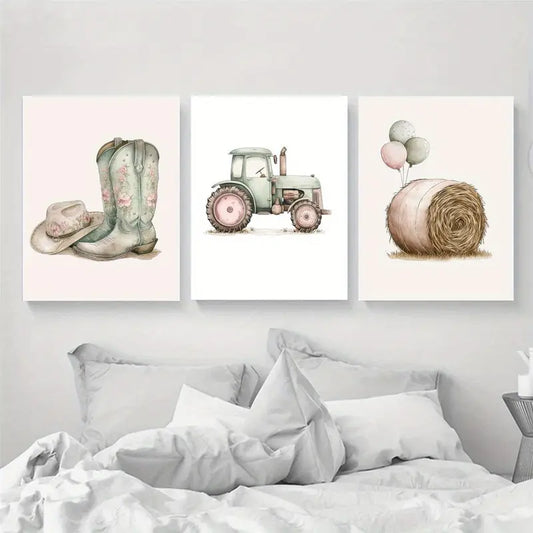 3pcs Country Western Farm Balloons Hat Boots Painting Metal Print Ready to Hang Art