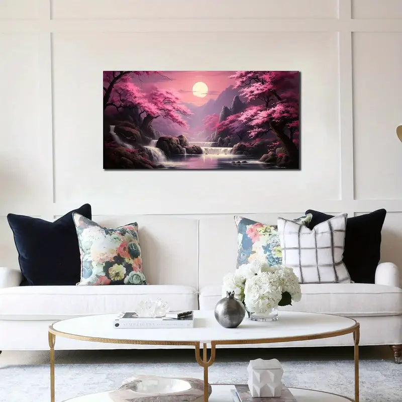Pink Moon Lake Mountain Wall Art canvas office home room framed 120x60cm