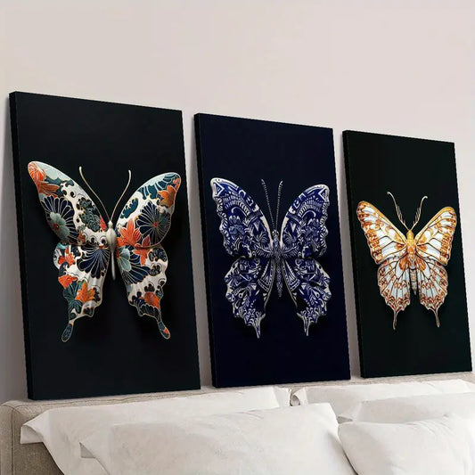 3pcs Japanese Butterfly on Black Background Wall Art Set Canvas Framed 40x60cm - High Quality Print 100% Australian Made Wall Canvas Ready to Hang