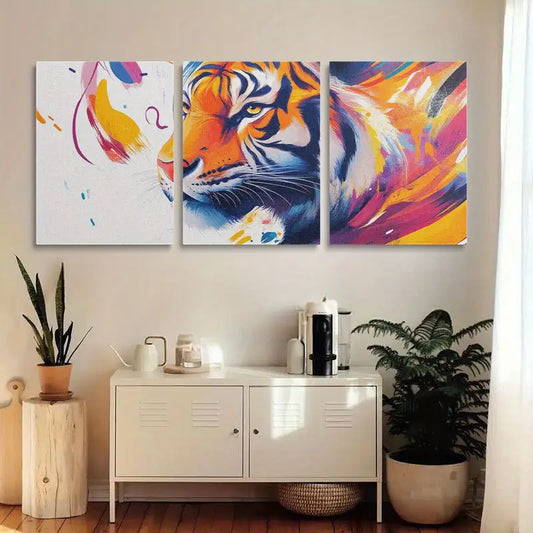 3pcs Vibrant Lion & Tiger Illustrations, Dynamic Brushstrokes Metal Print Ready to Hang Art