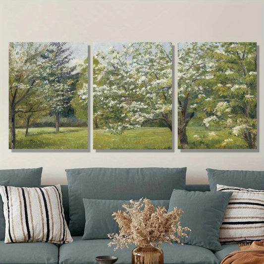 3pcs Blossoming Apple Trees & Serene Meadow Scene Metal Print Ready to Hang Art