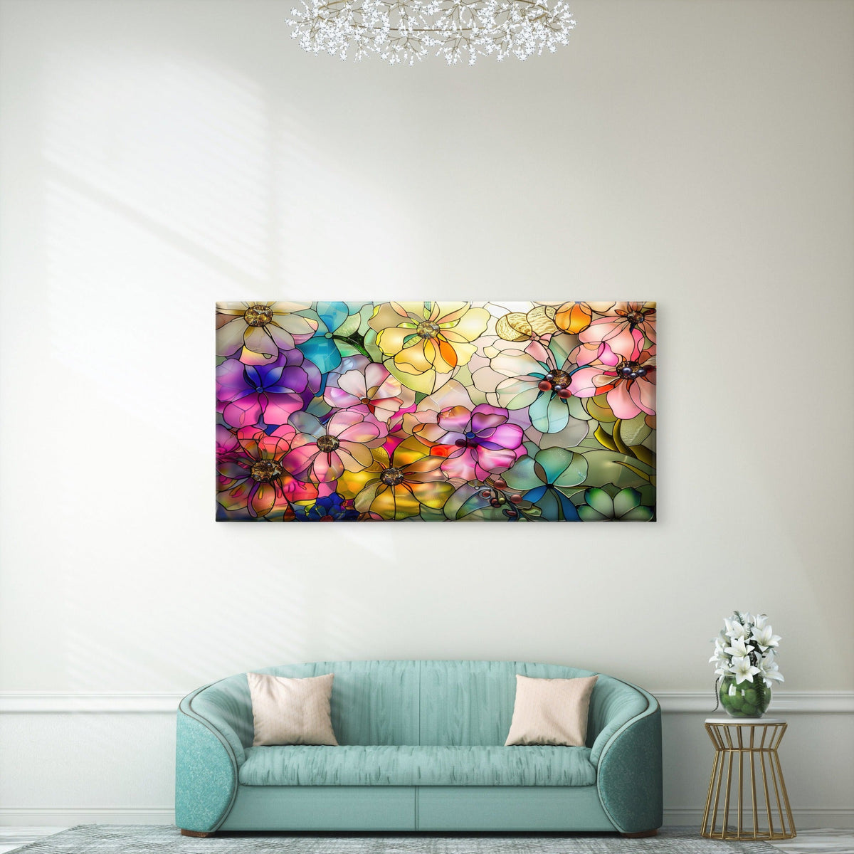 Vibrant Mosaic Flower Garden Wall Art Canvas Office Home Room Framed 120x60cm