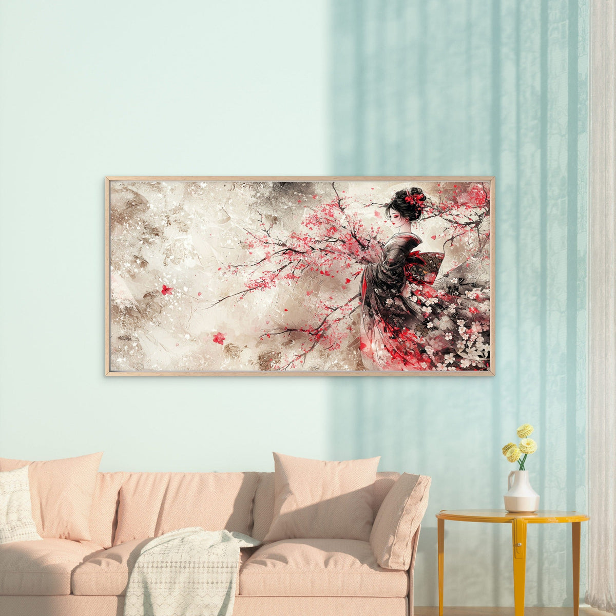 Cherry Blossom Geisha Art Wall Art Canvas Office Home Room Framed 120x60cm