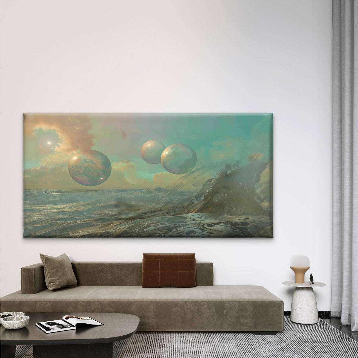 Seascape With Distant Planets Wall Art Canvas Office Home Room Framed 80x45cm