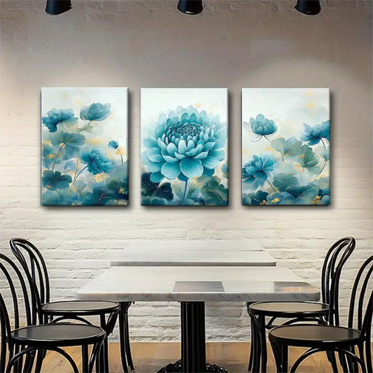 3pcs Elegant Blue for Lotus Flower Lush Greenery Metal Print Ready to Hang Art