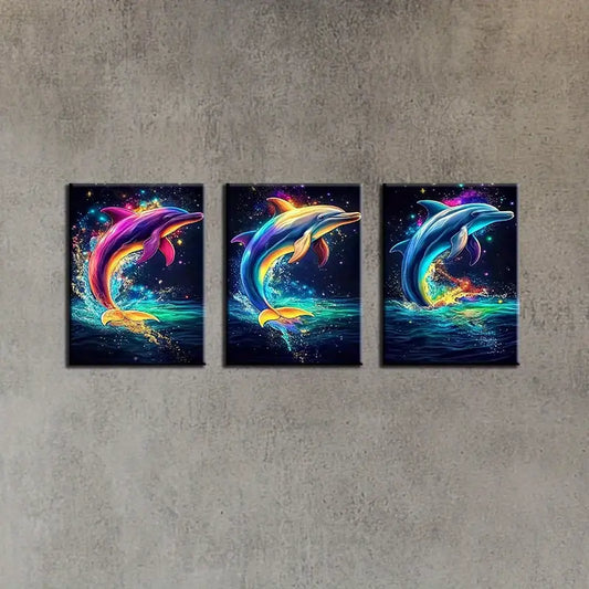 3pcs Vibrant Dolphin Colorful Classic Design Metal Print Ready to Hang Art