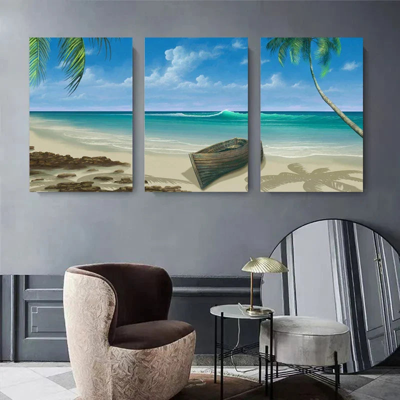 3pcs Tropical Seascape with Sand and Weathered Boat Metal Print Ready to Hang Art