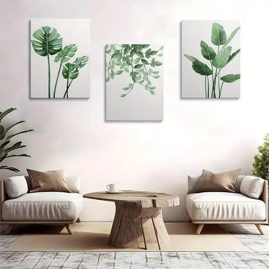 3pcs Green Plant Minimalist Style, Featuring a Floral Metal Print Ready to Hang Art