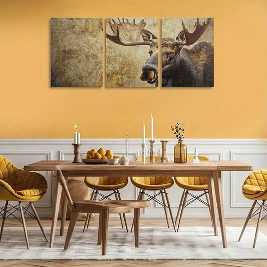 3pcs Close-Up of an Elegant Moose Face with Antlers Metal Print Ready to Hang Art