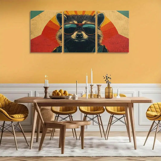 3pcs Watercolor Showcasing a Raccoon Wearing Glasses Metal Print Ready to Hang Art