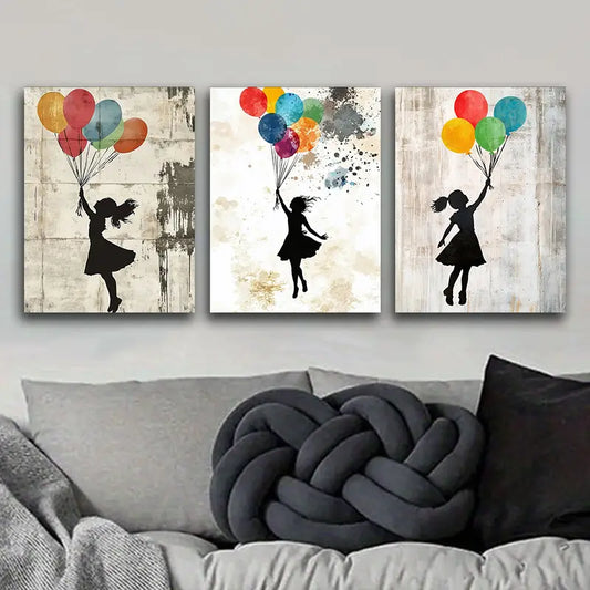 3pcs Featuring a Girl with Balloons Metal Print Ready to Hang Art