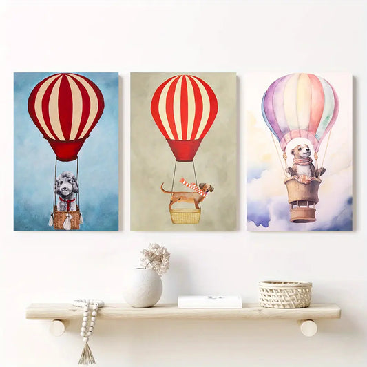 3pcs Dog Hot Air Balloon Colorful Classic Design Metal Print Ready to Hang Art