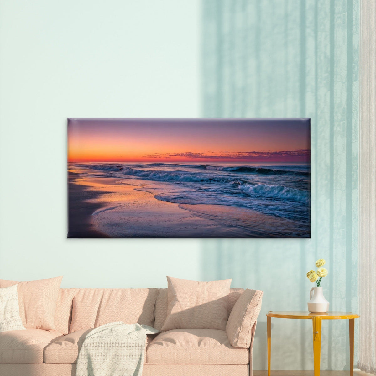 Pink Ocean Waves Beach Wall Art Canvas Office Home Room Framed 80x45cm
