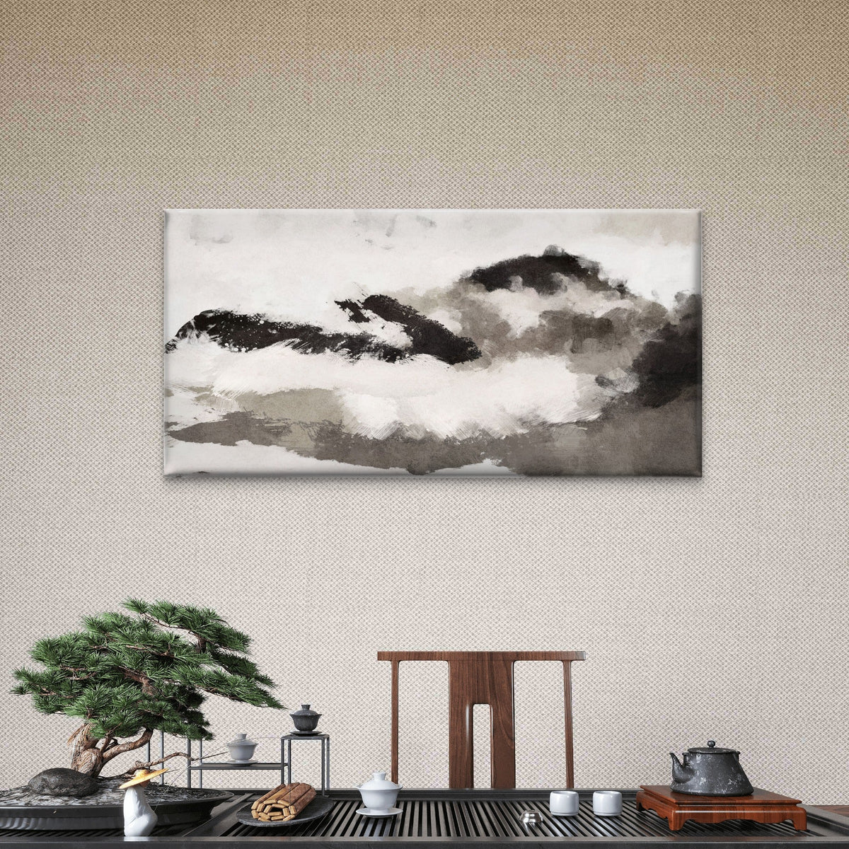 Black White Abstract Painting Wall Art Canvas Office Home Room Framed 80x45cm