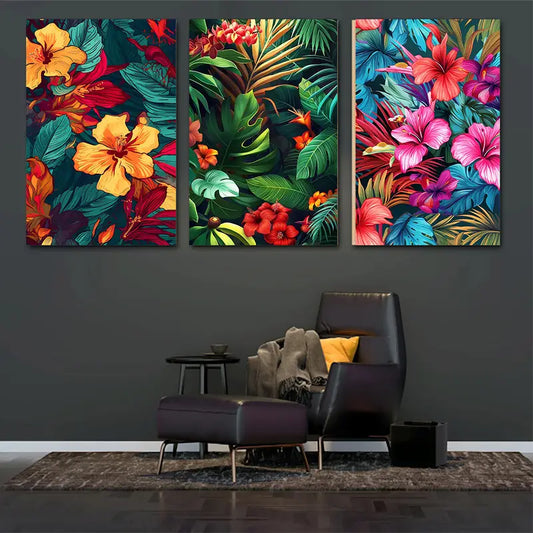 3pcs Featuring Bold Hibiscus and Exotic Leaves Design Metal Print Ready to Hang Art
